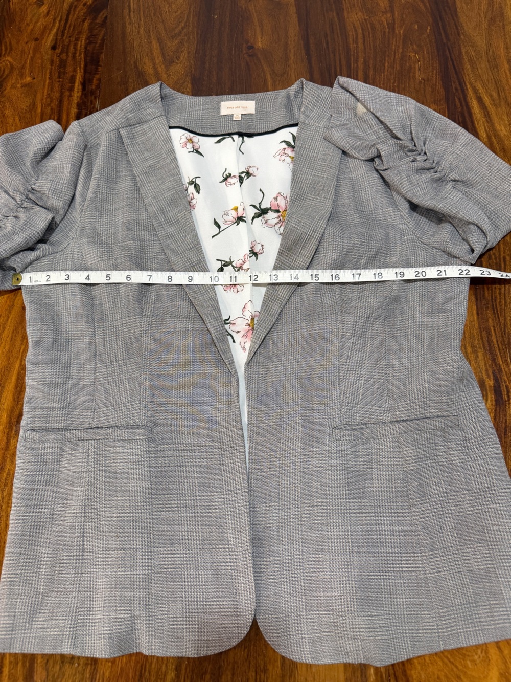 Skies Are Blue Gray Windowpane Plaid Blazer XL 3/4 Sleeve Floral Lining - Picture 5 of 11
